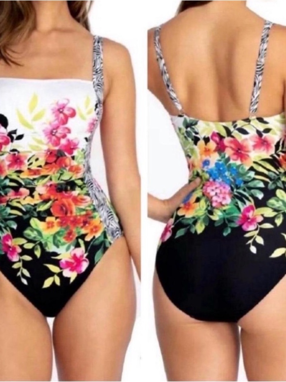 Johnny Was Fay Rushed One-Piece Swimsuit in Black, White and Multicolored Floral
